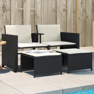 vidaXL Gartensofa 2-Sitzer mit Tisch und Hockern Schwarz Poly Rattan