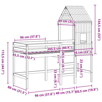 vidaXL Hochbett mit Leiter und Dach Weiß 80x200 cm Massivholz Kiefer