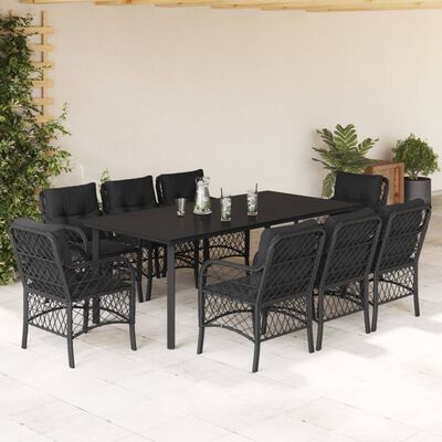 vidaXL 9-tlg. Garten-Essgruppe mit Kissen Schwarz Poly Rattan