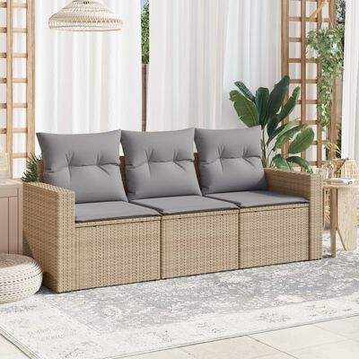 vidaXL 3-tlg. Garten-Sofagarnitur mit Kissen Beige Poly Rattan