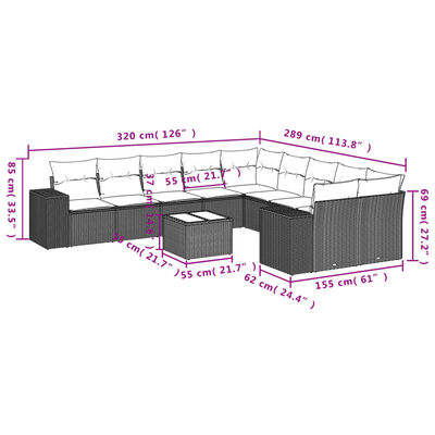 vidaXL 11-tlg. Garten-Sofagarnitur mit Kissen Grau Poly Rattan