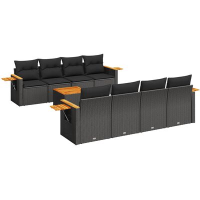 vidaXL 9-tlg. Garten-Sofagarnitur mit Kissen Schwarz Poly Rattan