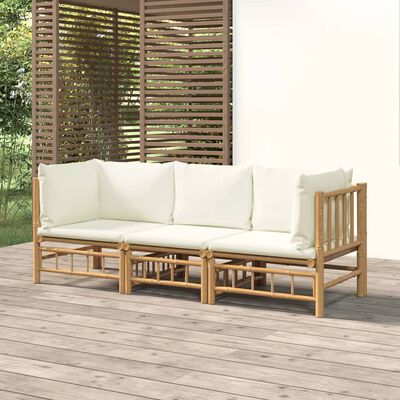 vidaXL 3-tlg. Garten-Lounge-Set mit Cremeweißen Kissen Bambus