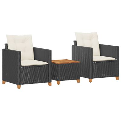 vidaXL 3-tlg. Bistro-Set mit Kissen Schwarz Poly Rattan Akazienholz