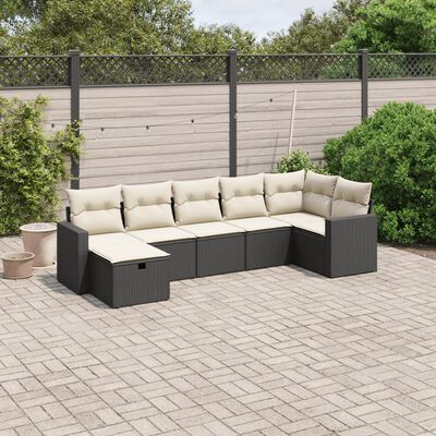 vidaXL 7-tlg. Garten-Sofagarnitur mit Kissen Schwarz Poly Rattan