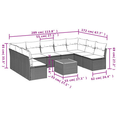 vidaXL 10-tlg. Garten-Sofagarnitur mit Kissen Schwarz Poly Rattan