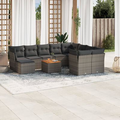 vidaXL 11-tlg. Garten-Sofagarnitur mit Kissen Grau Poly Rattan