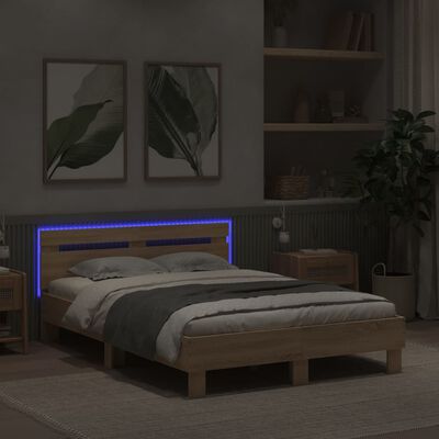 vidaXL Bettgestell mit Kopfteil LED-Beleuchtung Sonoma-Eiche 135x190cm