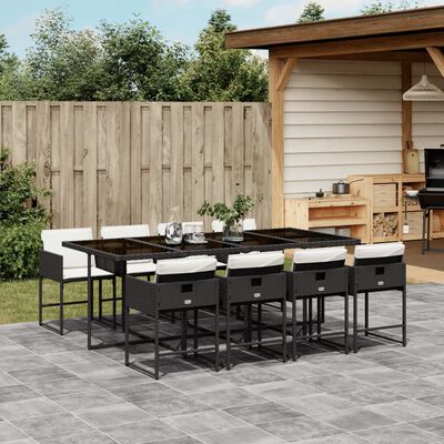 vidaXL 9-tlg. Garten-Essgruppe mit Kissen Schwarz Poly Rattan