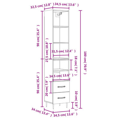 vidaXL Highboard Hochglanz-Weiß 34,5x34x180 cm Holzwerkstoff