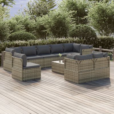 vidaXL 10-tlg. Garten-Lounge-Set mit Kissen Grau Poly Rattan