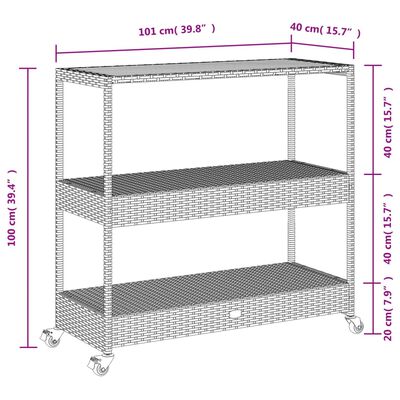 vidaXL Barwagen 3 Böden Schwarz Poly Rattan und Massivholz Akazie