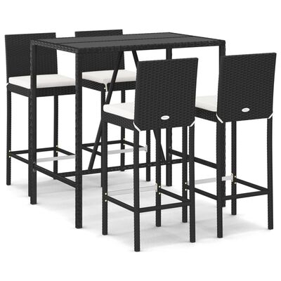 vidaXL 5-tlg. Gartenbar-Set mit Kissen Schwarz Poly Rattan