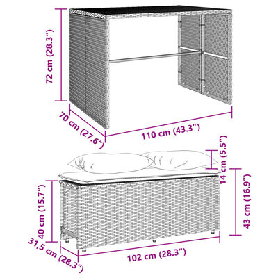 vidaXL 3-tlg. Garten-Essgruppe mit Kissen Grau Poly Rattan