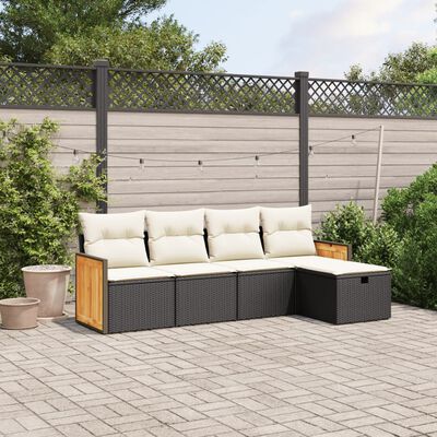 vidaXL 5-tlg. Garten-Sofagarnitur mit Kissen Schwarz Poly Rattan