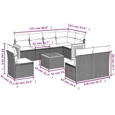 vidaXL 9-tlg. Garten-Sofagarnitur mit Kissen Schwarz Poly Rattan