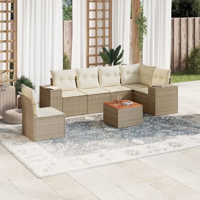 vidaXL 7-tlg. Garten-Sofagarnitur mit Kissen Beige Poly Rattan