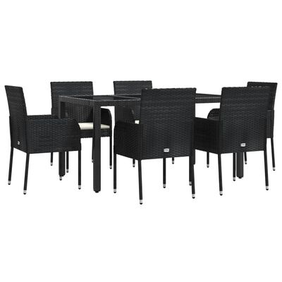 vidaXL 7-tlg. Garten-Essgruppe mit Kissen Schwarz Poly Rattan