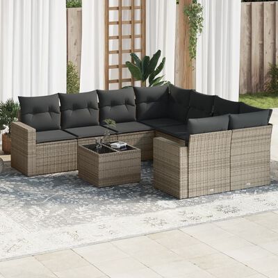 vidaXL 9-tlg. Garten-Sofagarnitur mit Kissen Grau Poly Rattan