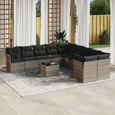 vidaXL 11-tlg. Garten-Sofagarnitur mit Kissen Hellgrau Poly Rattan