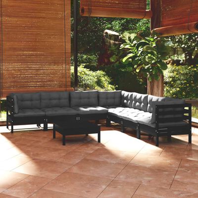 vidaXL 8-tlg. Garten-Lounge-Set mit Kissen Schwarz Massivholz Kiefer