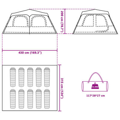 vidaXL Kuppel-Familienzelt 10 Personen Grün Quick Release