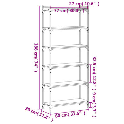 vidaXL Bücherregal 6 Böden Schwarz 80x30x188 cm Holzwerkstoff