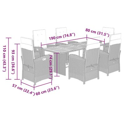 vidaXL 7-tlg. Garten-Essgruppe mit Kissen Schwarz Poly Rattan