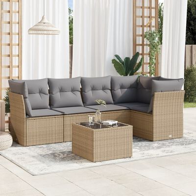 vidaXL 6-tlg. Garten-Sofagarnitur mit Kissen Beige Poly Rattan