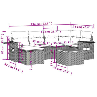 vidaXL 7-tlg. Garten-Sofagarnitur mit Kissen Beige Poly Rattan