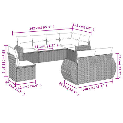 vidaXL 8-tlg. Garten-Sofagarnitur mit Kissen Schwarz Poly Rattan