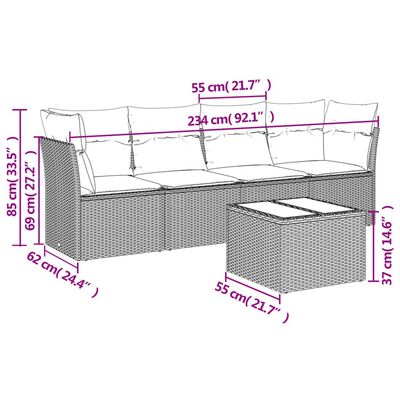 vidaXL 5-tlg. Garten-Sofagarnitur mit Kissen Schwarz Poly Rattan