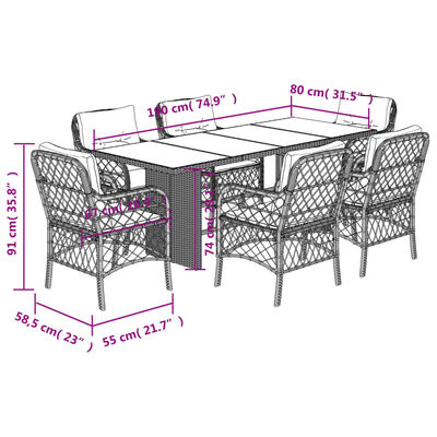 vidaXL 7-tlg. Garten-Essgruppe mit Kissen Schwarz Poly Rattan