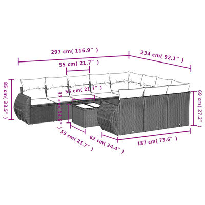 vidaXL 11-tlg. Garten-Sofagarnitur mit Kissen Schwarz Poly Rattan