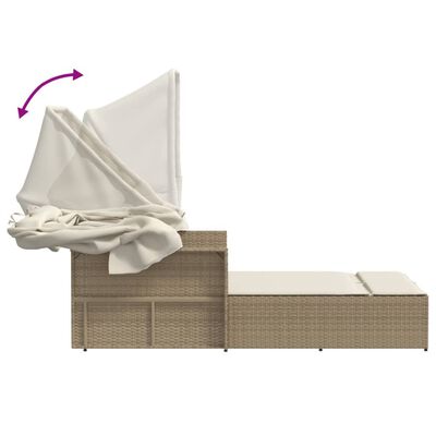 vidaXL Doppel-Sonnenliege mit Dach und Auflagen Beige Poly Rattan