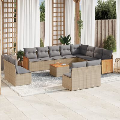 vidaXL 13-tlg. Garten-Sofagarnitur mit Kissen Beige Poly Rattan