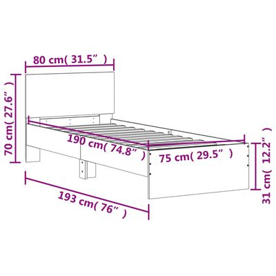 vidaXL Bettgestell mit Kopfteil und LED-Leuchten Braun Eiche 75x190 cm