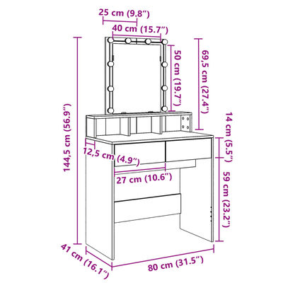 vidaXL Schminktisch mit LED-Beleuchtung Sonoma-Eiche 80x41x144,5 cm