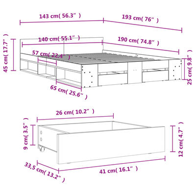 vidaXL Bettgestell mit Schubladen Räuchereiche 140x190cm Holzwerkstoff