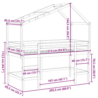 vidaXL Hochbett mit Leiter und Dach Weiß 80x200 cm Massivholz Kiefer