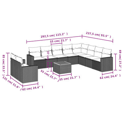 vidaXL 11-tlg. Garten-Sofagarnitur mit Kissen Grau Poly Rattan