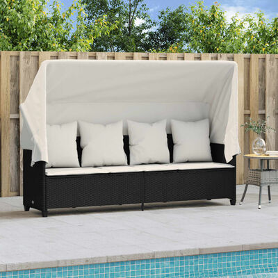 vidaXL Sonnenliege mit Dach und Kissen Schwarz Poly Rattan