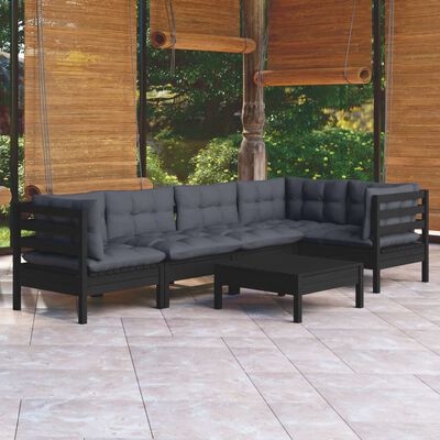 vidaXL 6-tlg. Garten-Lounge-Set mit Kissen Schwarz Kiefernholz