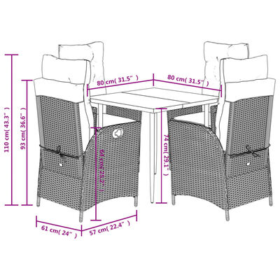 vidaXL 5-tlg. Garten-Essgruppe mit Kissen Schwarz Poly Rattan