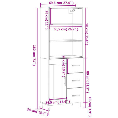 vidaXL Highboard Sonoma-Eiche 69,5x34x180 cm Holzwerkstoff