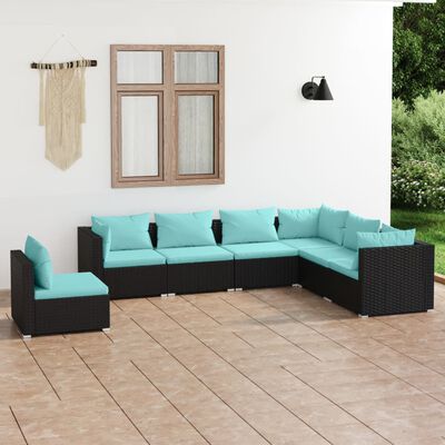 vidaXL 7-tlg. Garten-Lounge-Set mit Kissen Poly Rattan Schwarz