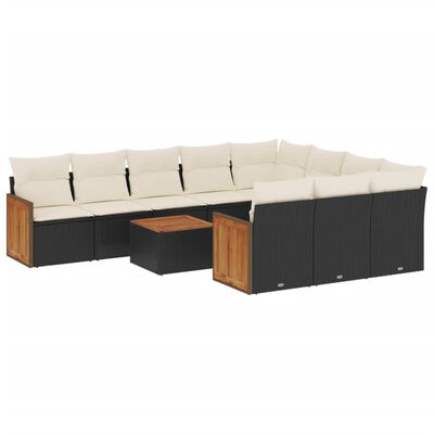 vidaXL 11-tlg. Garten-Sofagarnitur mit Kissen Schwarz Poly Rattan