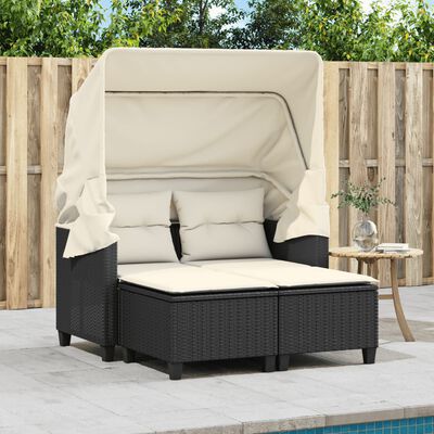 vidaXL Gartensofa 2-Sitzer mit Dach und Hockern Schwarz Poly Rattan