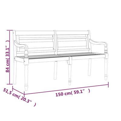 vidaXL Batavia-Bank mit Creme Kissen 150 cm Massivholz Teak