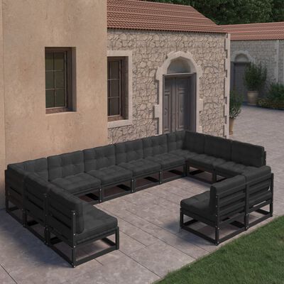 vidaXL 12-tlg. Garten-Lounge-Set mit Kissen Schwarz Massivholz Kiefer